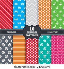 Seamless patterns and textures. Transport icons. Car tachometer and automatic transmission symbols. Repair service tool with wheel sign. Endless backgrounds with circles, lines and geometric elements.