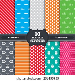 Seamless patterns and textures. Transport icons. Car, Bicycle, Public bus and Ship signs. Shipping delivery symbol. Family vehicle sign. Endless backgrounds with circles, lines and geometric elements.