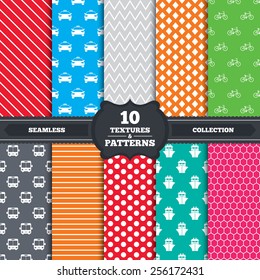 Seamless patterns and textures. Transport icons. Taxi car, Bicycle, Public bus and Ship signs. Shipping delivery symbol. Family vehicle sign. Endless backgrounds with circles, lines. Vector