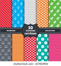 Seamless patterns and textures. Usb flash drive icons. Notebook or Laptop pc symbols. Smartphone device. CD or DVD sign. Compact disc. Endless backgrounds with circles, lines and geometric elements.