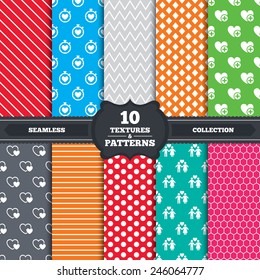 Seamless patterns and textures. Valentine day love icons. Love heart timer symbol. Couple lovers sign. Add new love relationship. Endless backgrounds with circles, lines and geometric elements. Vector