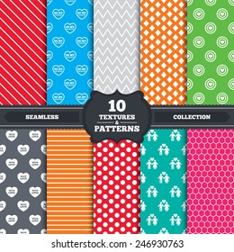 Seamless patterns and textures. Valentine day love icons. Target aim with heart symbol. Couple lovers sign. Endless backgrounds with circles, lines and geometric elements. Vector