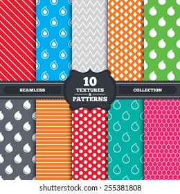 Seamless patterns and textures. Water drop icons. Tear or Oil drop symbols. Endless backgrounds with circles, lines and geometric elements. Vector