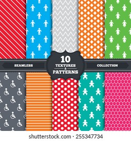 Seamless patterns and textures. WC toilet icons. Human male or female signs. Baby infant or toddler. Disabled handicapped invalid symbol. Endless backgrounds with circles, lines. Vector