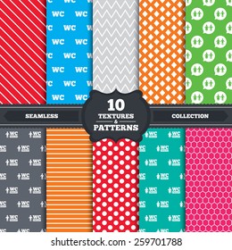 Seamless patterns and textures. WC Toilet icons. Gents and ladies room signs. Man and woman speech bubble symbol. Endless backgrounds with circles, lines and geometric elements. Vector