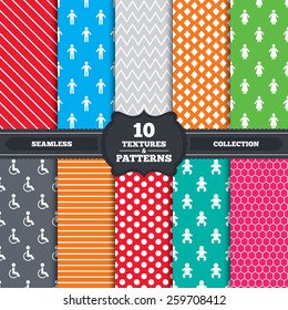 Seamless patterns and textures. WC toilet icons. Human male or female signs. Baby infant or toddler. Disabled handicapped invalid symbol. Endless backgrounds with circles, lines and geometric elements