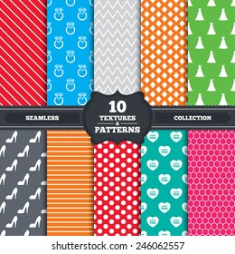 Seamless patterns and textures. Wedding dress icon. Women's shoe and love heart symbols. Wedding or engagement day ring with diamond sign. Endless backgrounds with circles, lines. Vector