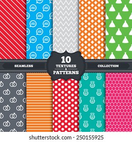 Seamless patterns and textures. Wedding dress icon. Bride and groom rings symbol. Wedding or engagement day ring with diamond sign. Will you marry me? Endless backgrounds with circles, lines. Vector