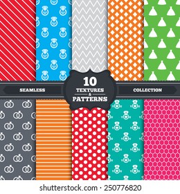 Seamless patterns and textures. Wedding dress icon. Bride and groom rings symbol. Wedding or engagement day ring with diamond sign. Will you marry me? Endless backgrounds with circles, lines. Vector