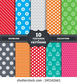 Seamless patterns and textures. Wood and saw circular wheel icons. Attention caution symbol. Sawmill or woodworking factory signs. Endless backgrounds with circles, lines elements. Vector