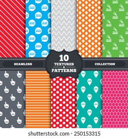 Seamless patterns and textures. You are here icons. Info speech bubble symbol. Map pointer with your location sign. Hand cursor. Endless backgrounds with circles, lines and geometric elements. Vector