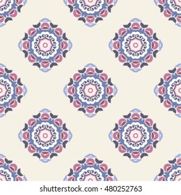 Seamless patterns, TILE, shades of violet, beige and pink. Classic tile pattern with abstract circles, floral decorative design