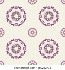 Seamless patterns, TILE, shades of violet, beige and pink. Classic tile pattern with abstract circles, floral decorative design