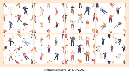 Seamless Patterns or Tiles Set Featuring Diverse Characters. People Connected By A Colorful Thread, Singing Karaoke