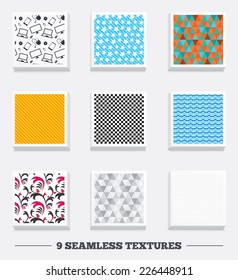 Seamless patterns. Tiling Textures. Floral ornate waves, devices, triangles and stars, grid patterns. Vector