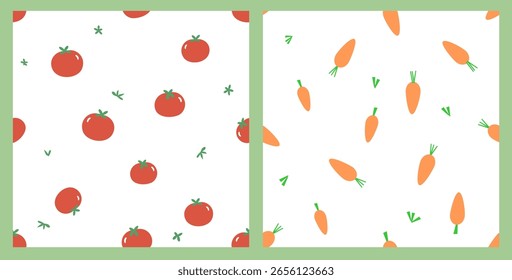 Seamless patterns with tomato, green leaves and carrot on white backgrounds vector.