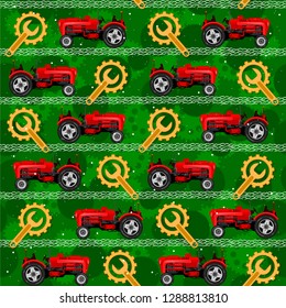 Seamless patterns with tractors. For decoration, wrapping, print or advertising. 
