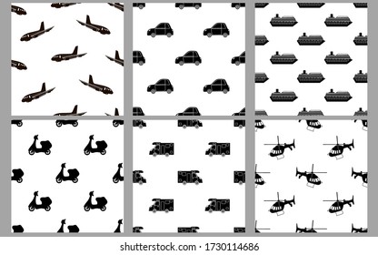 Seamless patterns with transport.  Set. Vector illustration