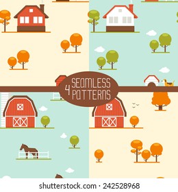 Seamless patterns with trees, farm animals and barn