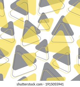 Seamless patterns. Triangles of different sizes isolated on white background. Gray and yellow colors. Flat shape and outline. Vector illustration. 