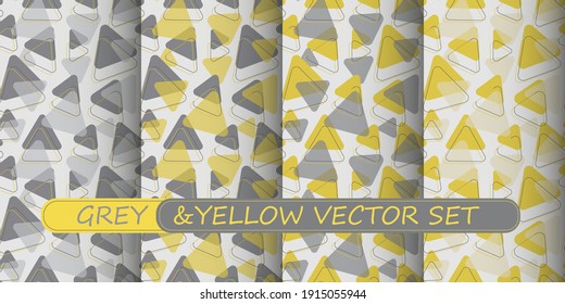 Seamless patterns. Triangles of different sizes isolated on white and gray background. Gray and yellow colors. Flat shape and outline. Vector illustration. Set of seamless backgrounds. 