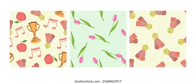 Seamless patterns with trophies, medals, apples, and tulips in flat doodle style