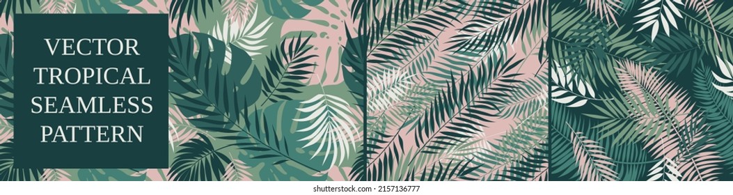 Seamless patterns with tropical exotic leaves and plants, vector botany composition in green and pink colors set