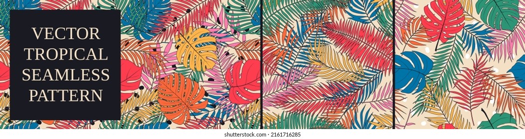 Seamless patterns with tropical exotic leaves and plants, contemporary collage trendy vector composition, Set 7