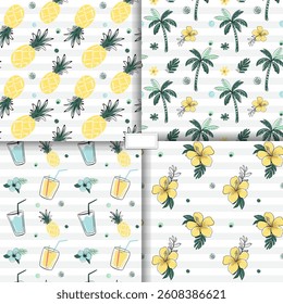 Padrões sem costura com flores tropicais, frutas, abacaxi, palmeiras. Estilo de desenho do esboço. Doodle fundos tropicais.