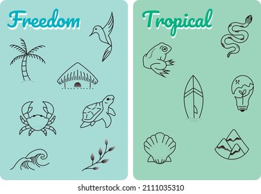 Seamless patterns with tropical landscapes, elements palm trees, wild and sea animal colombian. Hand drawn style. Vector outline