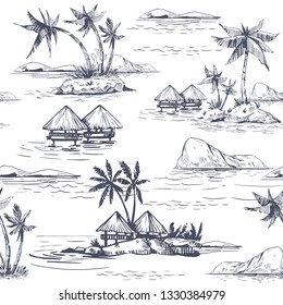 Seamless patterns with tropical landscapes, palm trees, hawaii. Hand drawn style. Vector outline