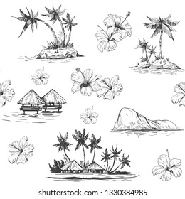 Seamless patterns with tropical landscapes, palm trees, hawaii. Hand drawn style. Vector outline