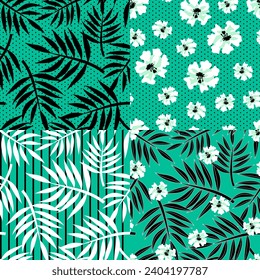 Seamless patterns with tropical leaves and flowers on striped and polka dot green backgrounds. Prints created in shapes that complement each other. Vintage style. For textile, wallpaper etc. Vector.