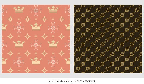 Seamless patterns. Two vintage backgrounds for your design. Used colors: black, gold, brown. Vector illustration.