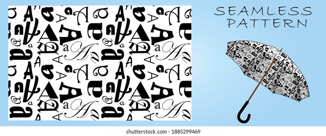 Seamless patterns. Typographic pattern from the letter "A". An example of use on an umbrella (mockup). Suitable for printing on fabric, wrapping paper, notebooks, covers, etc.