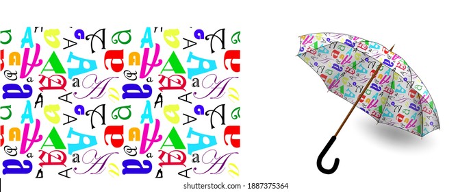 Seamless patterns. Typographic pattern from the rainbow letter "A". An example of use on an umbrella (mockup). Suitable for printing on fabric, wrapping paper, notebooks, covers, etc.