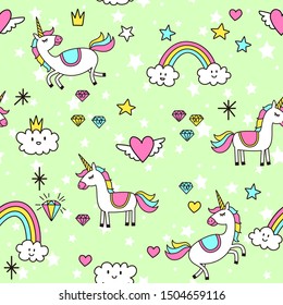 Seamless patterns of unicorns, for children.