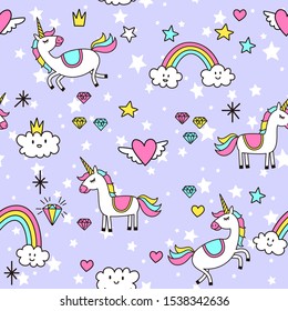 Seamless patterns of unicorns, for children.