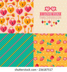 Seamless patterns of Valentine symbols and label I Love You. Key lock, heart shaped pink glasses.