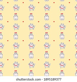 Seamless patterns. Valentines card Festive cats with a garland and in a hat with hearts dance and sit on a yellow background. Vector illustration for design, holidays and valentines