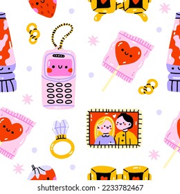 Seamless patterns for Valentine's Day. Hearts, ring, messages of love, 
vase with sunglass, lava lamp, portrait, phone. Romantic repeated texture with simple illustration.Background for gift wrapping 