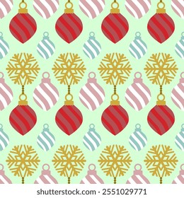 Seamless patterns of variety Christmas decorations on the green background
