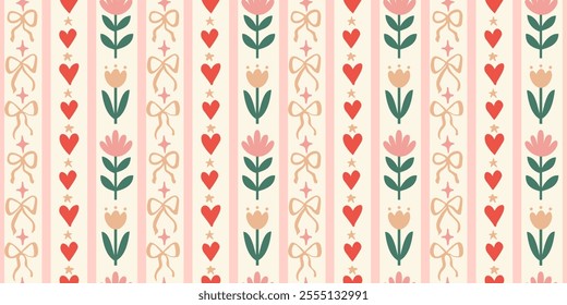 Seamless patterns with various doodle bows, hearts and flowers. Trendy vertical stripe background. Hand drawn vector illustration. Easter wrapping paper, social media cottagecore banner.