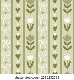 Seamless patterns with various doodle bows, hearts and flowers. Trendy vertical stripe background. Hand drawn vector illustration. Easter wrapping paper, social media cottagecore banner.