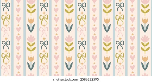 Seamless patterns with various doodle bows, hearts and flowers. Trendy vertical stripe background. Hand drawn vector illustration. Easter wrapping paper, social media cottagecore banner.