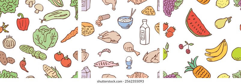 Seamless patterns of various drawn foodstuff, dairy and meats products, fruits, vegetables, vector illustration, backgrounds, paper, wallpaper