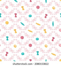 seamless patterns vector cakes and candies. Bright pattern of sweets for packaging paper and fabrics. Vector ornament for decoration of the holidays.