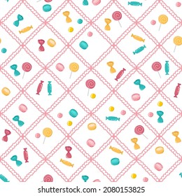 seamless patterns vector cakes and candies. Bright pattern of sweets for packaging paper and fabrics. Vector ornament for decoration of the holidays.
