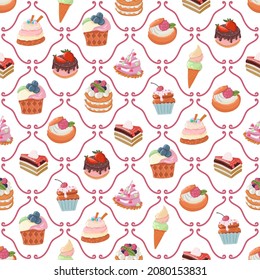 seamless patterns vector cakes and candies. Bright pattern of sweets for packaging paper and fabrics. Vector ornament for decoration of the holidays.