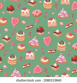 patrones sin fisuras de pasteles vectoriales y caramelos. Patrón luminoso de caramelos para envasar papel y tejidos. Ornamento vectorial para la decoración de las vacaciones.